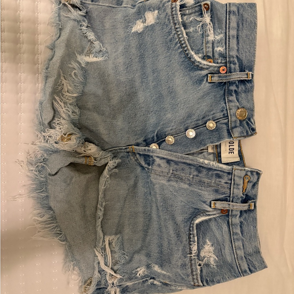 Agolde Parker Shorts Blue Distressed Jean Shorts Raw Hem